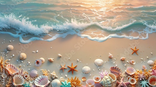 Fototapeta Naklejka Na Ścianę i Meble -  Colorful Seashells and Starfish on Beach,A scenic beach with colorful seashells and starfish scattered on the sand, touched by gentle waves at sunset.


