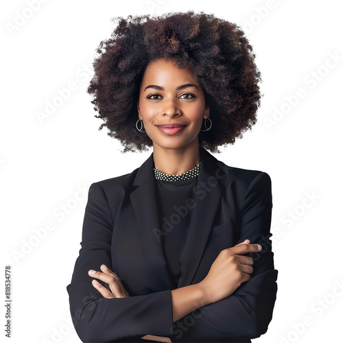 Confident African American Businesswoman with Curly Hair in Professional Attire on Transparent Background