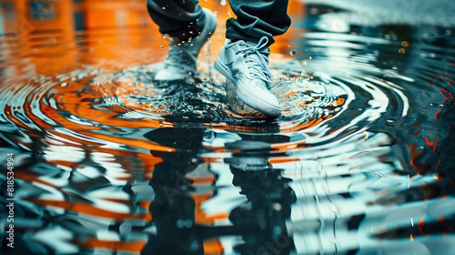 Mirrored floor with water ripples, hip-hop dancer in fluid motion, dynamic reflections, vibrant and energetic scene, urban dance style photo