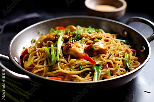 Schezwan noodles with chicken and vegetables in a wok.