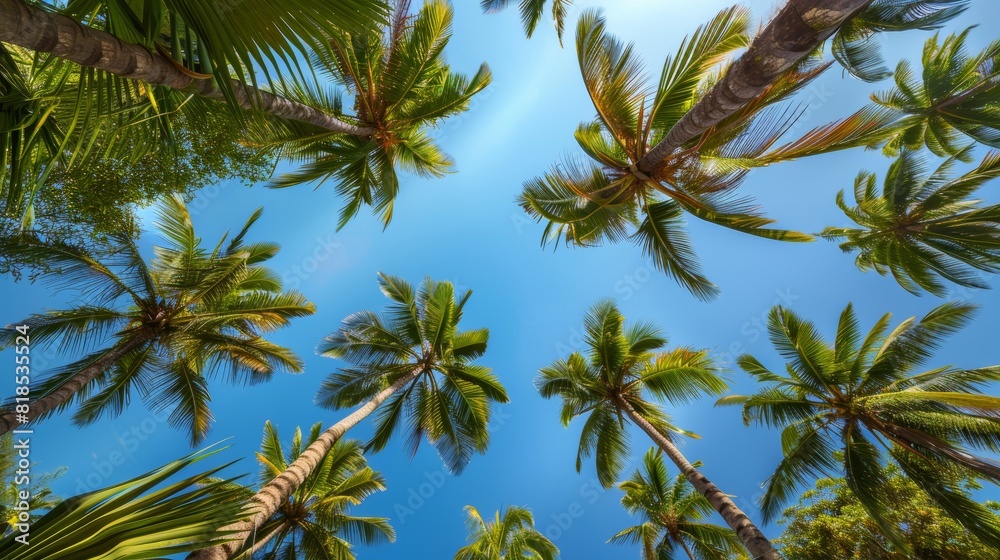 Looking up at tall coconut trees, their leafy crowns silhouetted against a clear blue sky, capturing the essence of a tropical haven Looking up at tall coconut trees, their leafy crowns silhouetted against a clear blue sky, capturing the essence of a tropical haven