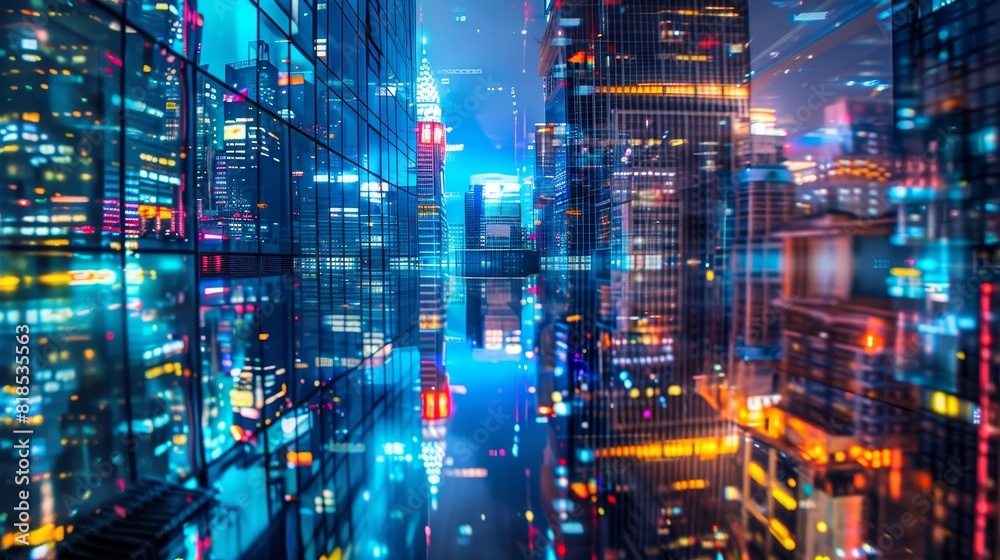 Inverted metropolis, illuminated skyscrapers, dynamic city life, surreal reflections, vibrant evening scene, high contrast