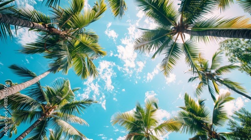 Looking up through a canopy of coconut palms, the leaves creating a natural frame around a bright blue sky, tropical paradise captured