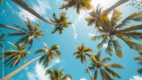 Looking up at tall coconut trees, their leafy crowns silhouetted against a clear blue sky, capturing the essence of a tropical haven