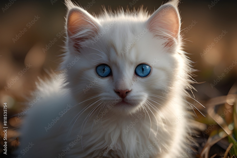 A fluffy white kitten with big, reflective blue eyes stares curiously at the camera, its fur illuminated by soft, golden light. The long exposure captures every detail of its delicate features, making A fluffy white kitten with big, reflective blue eyes stares curiously at the camera, its fur illuminated by soft, golden light. The long exposure captures every detail of its delicate features, making