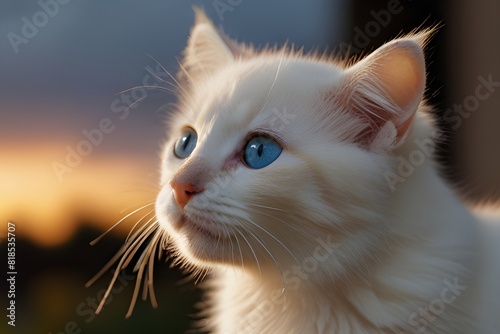 A fluffy white kitten with big, reflective blue eyes stares curiously at the camera, its fur illuminated by soft, golden light. The long exposure captures every detail of its delicate features, making