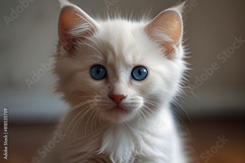 A fluffy white kitten with big, reflective blue eyes stares curiously at the camera, its fur illuminated by soft, golden light. The long exposure captures every detail of its delicate features, making