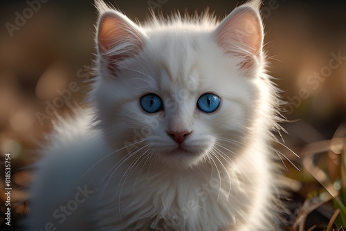A fluffy white kitten with big, reflective blue eyes stares curiously at the camera, its fur illuminated by soft, golden light. The long exposure captures every detail of its delicate features, making