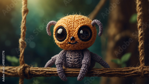 This image shows a small, knitted monkey hanging from a rope in front of an out of focus jungle background.

 photo