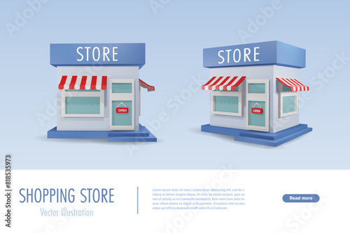 Shopping store, restaurant, shop building front and side view. Isolated elements for online shopping and store marketing. 3D Vector.