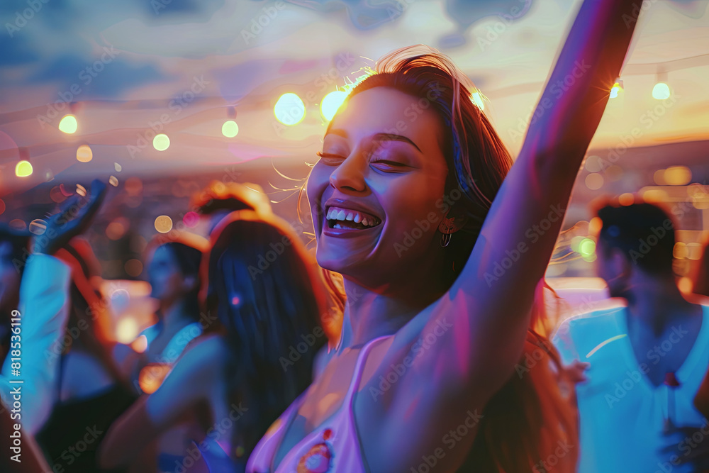 Obraz premium Energetic rooftop party with people dancing and enjoying themselves against the backdrop of city lights