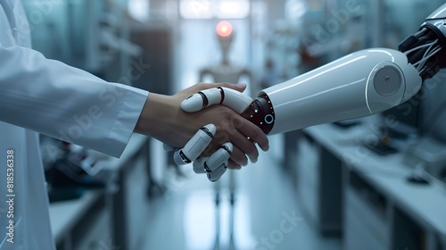  Businessperson shaking hand with digital partner over futuristic background. Artificial intelligence and machine learning process for 4th industrial revolution.