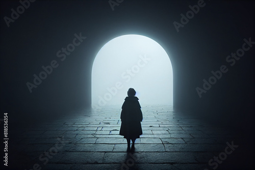 Silhouette of a person in an ominous empty hallway photo
