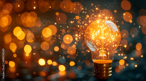 An illuminated or glowing lightbulb on a dark background with data and information analysis. The bulb represents new ideas, innovation, creativity, understanding, knowledge, and inspiration.