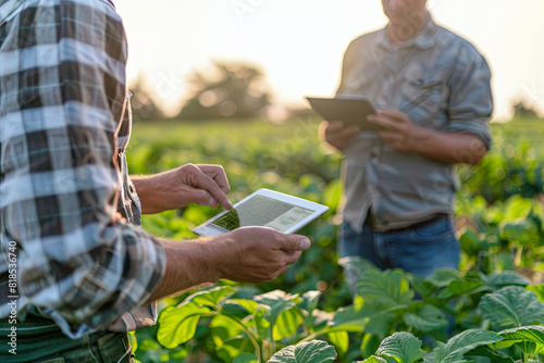 In a field under the open sky, a farmer and a scientist share data on a tablet, with a background of crops symbolizing their collaboration to optimize cultivation techniques