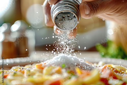 Hand precisely adding salt to a dish using a shaker, highlighting the importance of seasoning and flavor