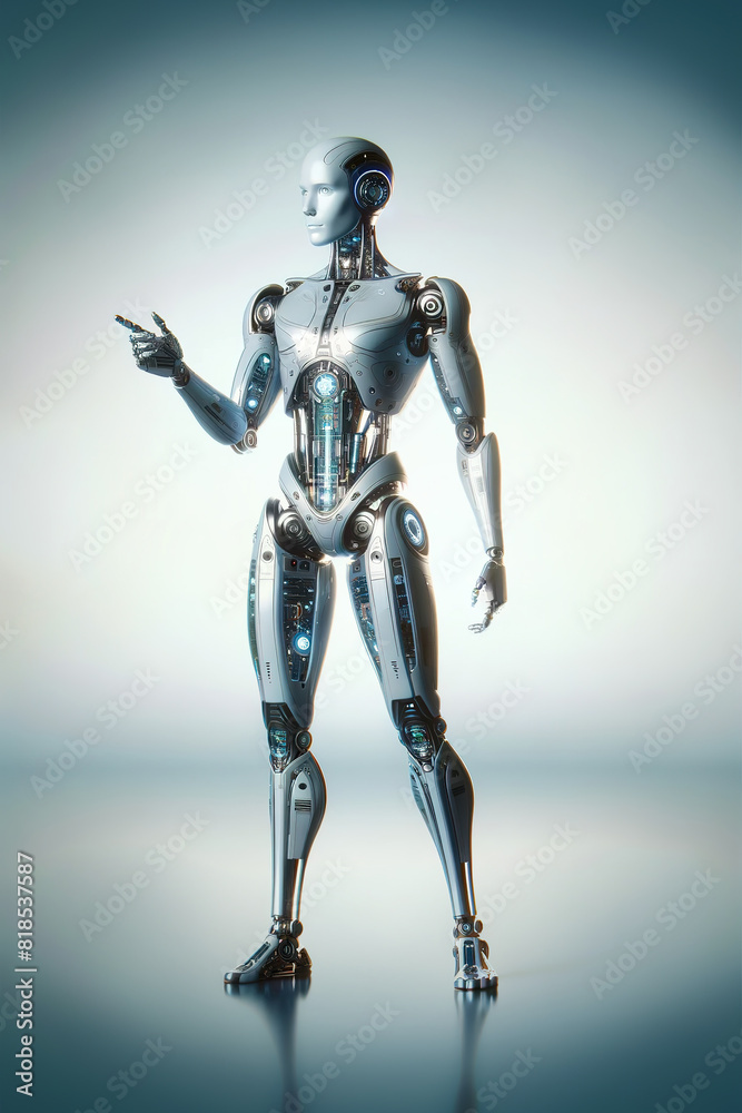 Android robot, pose 3. Robot on something indicates the index finger Android robot, pose 3. Robot on something indicates the index finger
