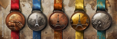 Fictional Olympic Games 2024 Parisian Medals with Eiffel Tower Design Gold, Silver, and Bronze photo