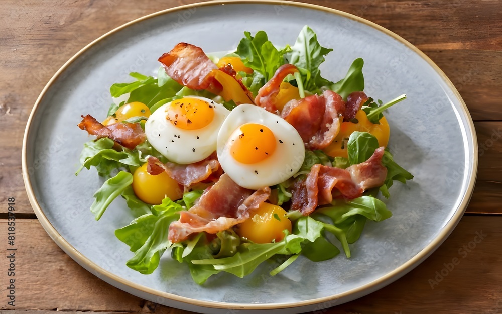 a salad with greens, bacon and eggs, best selling, viral, trending, stock photos a salad with greens, bacon and eggs, best selling, viral, trending, stock photos