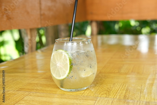 fresh Summer drink, lemon mojito with lemon slices.
