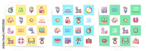 Retro beach themed seamless pixel art patterns. Fun and colorful designs include beach items, tropical drinks, and playful sea animals. Ideal for summer projects, baby and child decor.