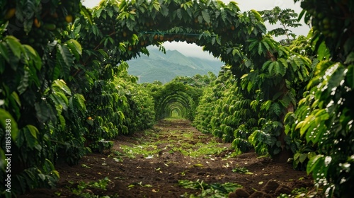 Colossal coffee beans forming a natural arch  set against a backdrop of thriving crops  highlighting their significance in cultivation and commerce