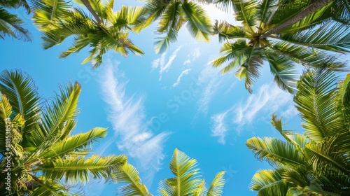 Coconut trees viewed from below  their leaves making a frame around a clear blue sky  showcasing tropical beauty