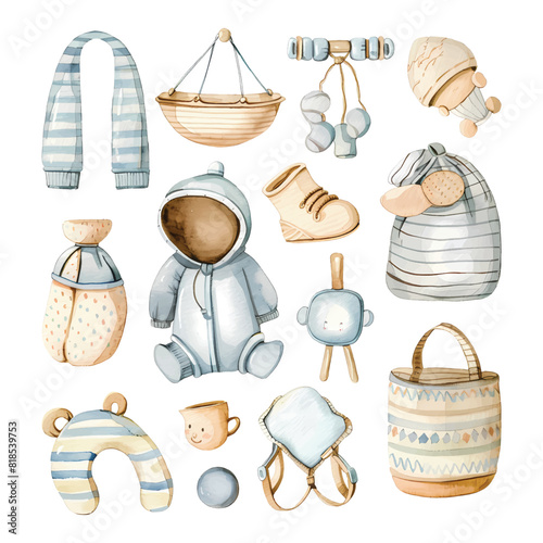 Set collection of beautiful cute child clothes baby items and toy watercolor