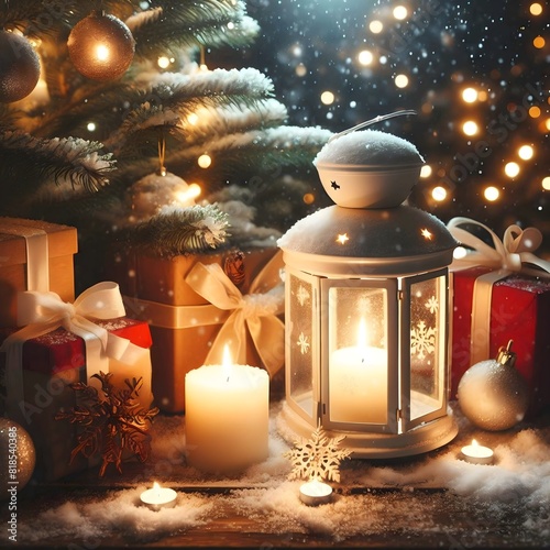 A cozy winter setting complete with a glowing lantern, gifts, and festive decorations. photo