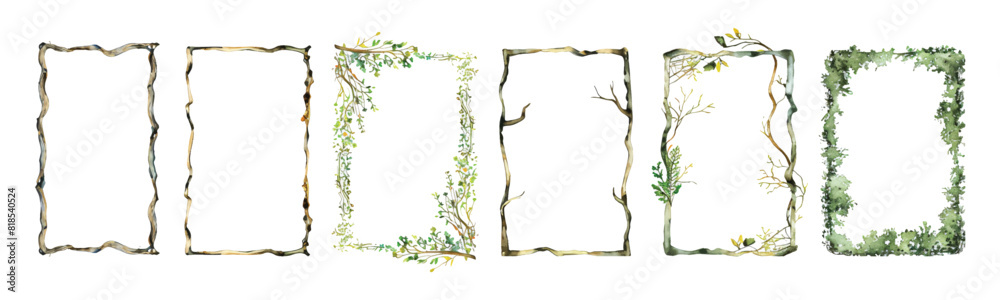 Set collection of frame border floral tree branches form rectangle shape. Rustic arch hand drawn watercolor design resources elements Set collection of frame border floral tree branches form rectangle shape. Rustic arch hand drawn watercolor design resources elements