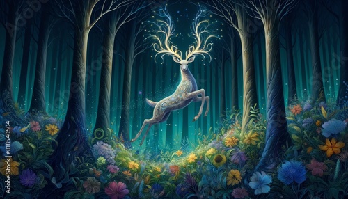 A fantasy Cervinae with glowing, intricate antlers leaping gracefully among a magical forest