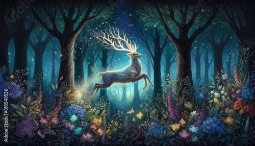 A fantasy Common Eland with glowing, intricate antlers leaping gracefully in a magical forest photo