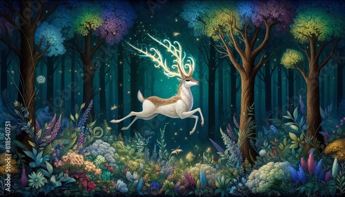 A fantasy Pronghorn with glowing, intricate antlers leaping gracefully in a magical forest