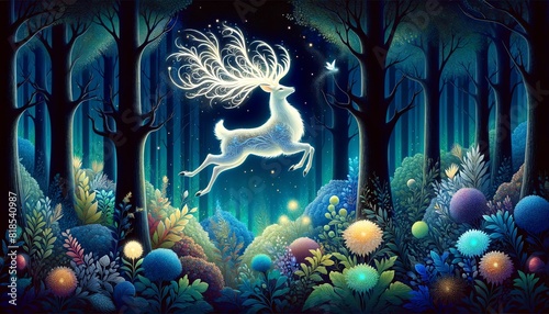 A fantasy White-tailed Deer with glowing  intricate antlers leaping gracefully in a magical forest