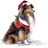Whimsical Watercolor Illustration of Shetland Sheepdog Dressed as Santa Pup