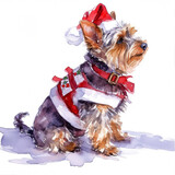 Whimsical Yorkshire Terrier Santa Pup Watercolor Illustration for Christmas