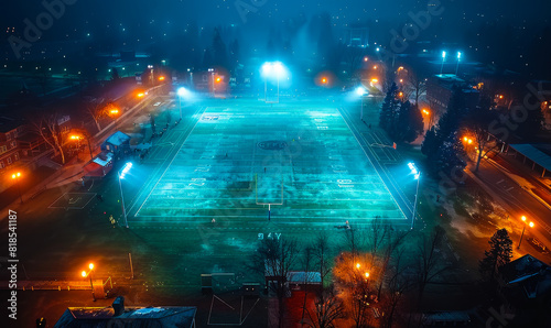 Atmospheric Nighttime Aerial View of Illuminated Football Field Surrounded by Suburban Neighborhood