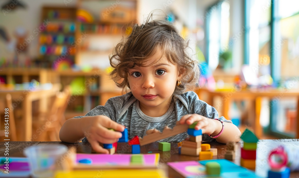 Curious Toddler Engages in Creative Play with Colorful Wooden Blocks at Brightly Lit Kindergarten Table, Capturing Early Learning and Development Curious Toddler Engages in Creative Play with Colorful Wooden Blocks at Brightly Lit Kindergarten Table, Capturing Early Learning and Development