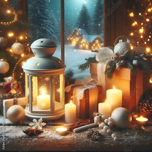 A festive winter scene with a lit lantern, presents, and decorations. photo