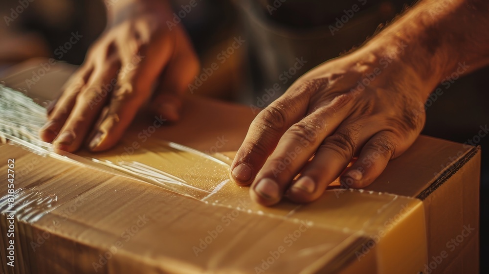 Detailed image of a worker's hands using glue tape to pack a box, highlighting the texture of the tape and the box surface Detailed image of a worker's hands using glue tape to pack a box, highlighting the texture of the tape and the box surface