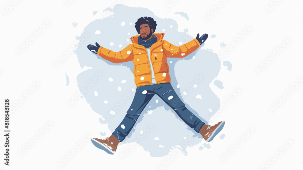 Black man making snow angel snowy print on winter vac