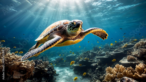 Sea Turtle Resting Among Colorful Coral Formations Imagine a cinematic underwater image of a sea turtle resting peacefully among colorful coral formations