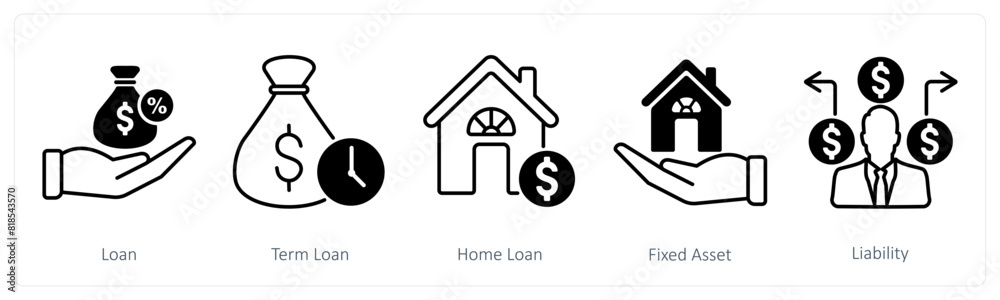 A set of 5 Banking icons as loan, term loan, home loan A set of 5 Banking icons as loan, term loan, home loan