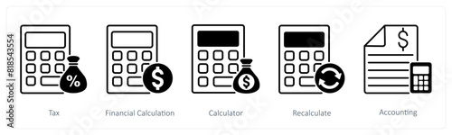 A set of 5 Banking icons as tax, financial calculation, calculator
