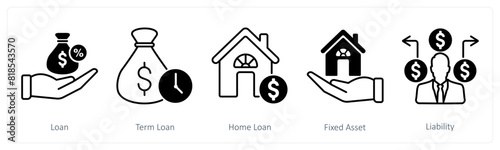 A set of 5 Banking icons as loan, term loan, home loan