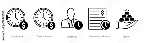 A set of 5 Banking icons as hourly rate, time is money, overtime