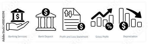 A set of 5 Banking icons as banking services, bank deposit, profit and loss statement