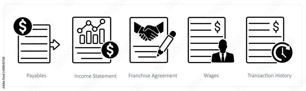 A set of 5 Banking icons as payables, income statement, franchise agreement A set of 5 Banking icons as payables, income statement, franchise agreement