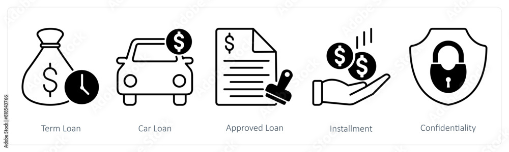 A set of 5 Banking icons as term loan, car loan, approved loan A set of 5 Banking icons as term loan, car loan, approved loan