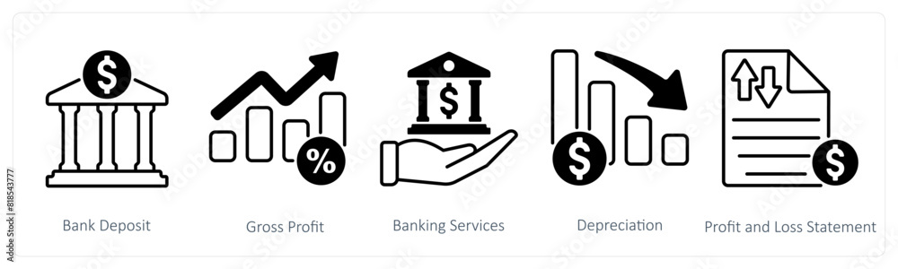 A set of 5 Banking icons as bank deposit, gross profit, banking services A set of 5 Banking icons as bank deposit, gross profit, banking services